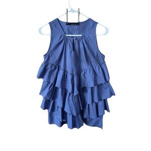 Maldita Blue Top Ruffle Sleeveless Keyhole Button M Pullover